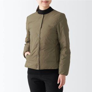 MUJI Women's Recycled Nylon Lightweight Collarless Down Jacket Dark Beige Small